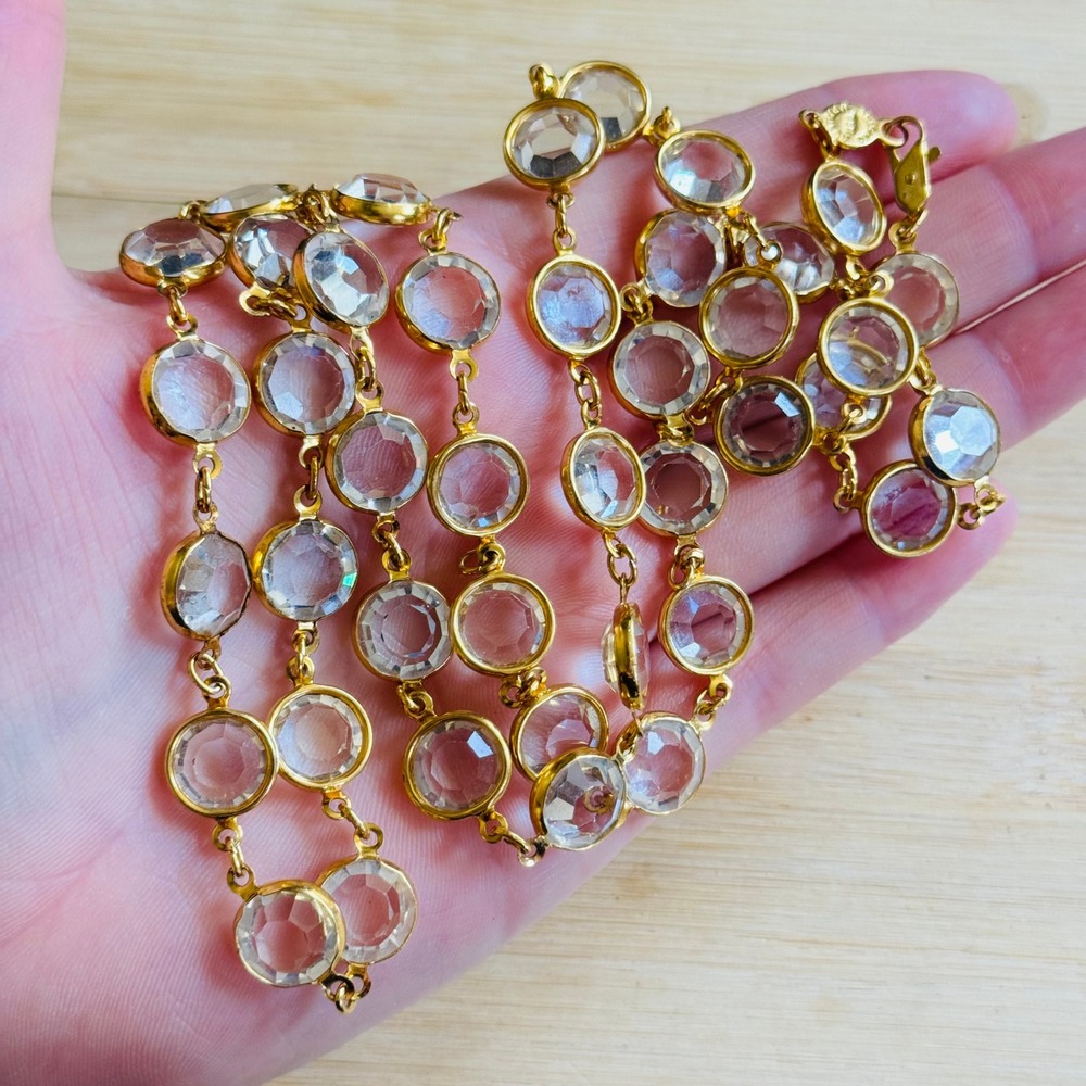 VTG Open Bezel Austrian Clear Crystal Necklace Gold Plated Regal 12mm Strand 35" - Picture 2 of 7